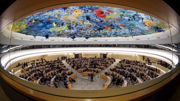 General view of the United Nations Human Rights Council during the presentation of report by the Commission of Inquiry on Syria, on Mar.13, 2018 in Geneva. Syria enters its eighth year of war on Mar.15, 2018 free of the jihadist "caliphate" but torn apart by an international power struggle as the regime presses its blistering reconquest.
(Fabrice COFFRINI / AFP)
