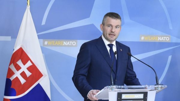 Slovak Prime Minister Peter Pellegrin talks during a joint press after their bilateral meeting with NATO Secretary General on Apr. 12, 2018 at the Nato Headquarters in Brussels. Reports state that Pellegrin's new government is making NATO orientation of Slovakia a priority. 
(JOHN THYS / AFP)