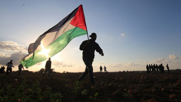 A Palestinian protester carries a national flag during a demonstration near the border between Israel and Khan Yunis in the southern Gaza Strip. (AFP/File)