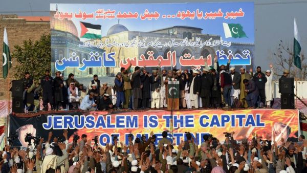 Leaders of the Defence of Pakistan Council attend a conference organised to protest U.S. President Donald Trump's decision to recognise Jerusalem as the capital of Israel in Peshawar on Jan. 7, 2018. 
(ABDUL MAJEED / AFP)