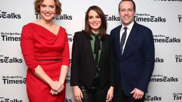 Reporter Kim Barker, actress Tina Fey and screenwriter Robert Carlock attend TimesTalks presents 'Whiskey Tango Foxtrot' at Florence Gould Hall on March 2, 2016 in New York City. (AFPAstrid Stawiarz)