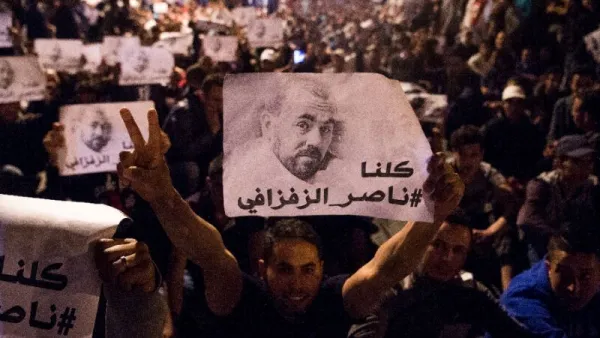 The Al-Hirak al-Shaabi protests took hold of Morocco's northern Rif region and the movement's leader Nasser Zafzafi (posters) and three others received sentences of 20 years for threatening the security of the state (AFP /FADEL SENNA)