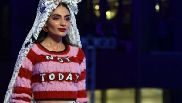 A model presents a creation by MUA MUA Dolls' designer Ludovica Virga during Arab Fashion Week in Dubai on November 17, 2017 (Source: AFP)