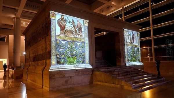 In August 2014 colour was projected onto a set of friezes at the Ara Pacis museum, in Rome (pictured). The removal of colour from ancient artwork has become romanticised and accepted over time  (AFP)