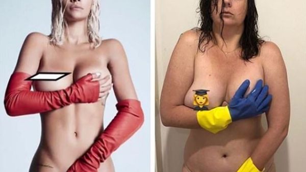 Comedian Celeste Barber has claimed that many of the celebrities she parodies are big fans of work. Pictured: Celeste dresses up as Rita Ora and covers her modesty by covering herself with washing up glove-clad hands (Instagram)
