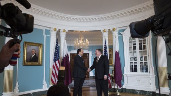 Qatari Deputy Prime Minister of State for Defence Affairs, Khalid bin Mohammad Al Attiyah, meets with US Secretary of State Mike Pompeo (R) at the US State Department in Washington, DC on November 14, 2018. 
ANDREW CABALLERO-REYNOLDS / AFP