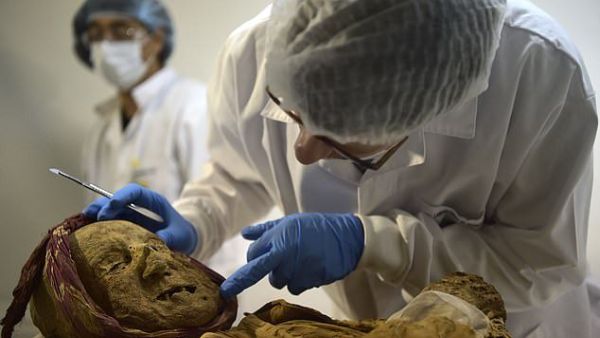Dr Charlier studied the mummy for two days. He took samples of bone and dry tissue for genetic analysis and carbon 14, or radiocarbon which would provide more indications to the genesis of the disease (AFP)
