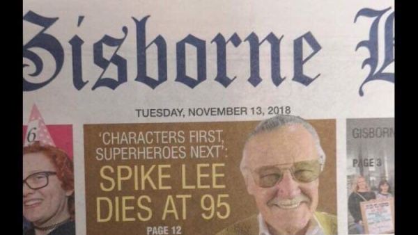 Social media erupts after New Zealand newspaper accidentally pays tribute to Spike Lee following Stan Lee's death (Twitter)