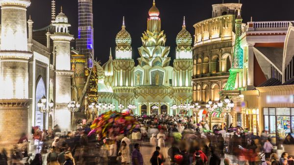 Colorful Entrance to Global Village with crowd timelapse in Dubai (Shutterstock)