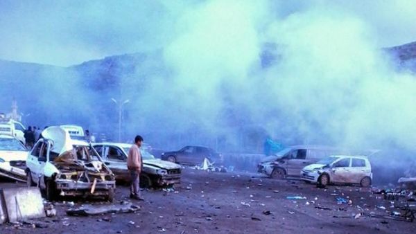 Hatay near the border between Turkey and Syria shows the scene after a car explosion. AFP PHOTO/IHLAS NEWS AGENCY TURKEY OUT