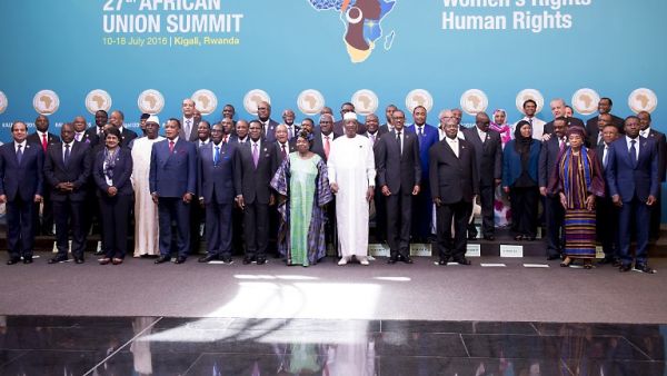 Egypt’s President Abdel-Fattah El-Sisi, far left, with African heads of state at the AU summit in Kigali, Rwanda. (AFP/Cyril Ndegeya)