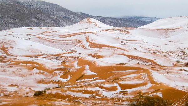 The light snow formed swirling patterns on the steep orange sand dunes. (Karim Bouchetata)