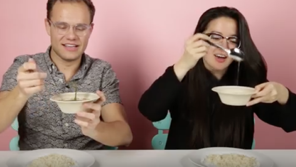 Americans digging in to a bowl of delicious molokheya. 