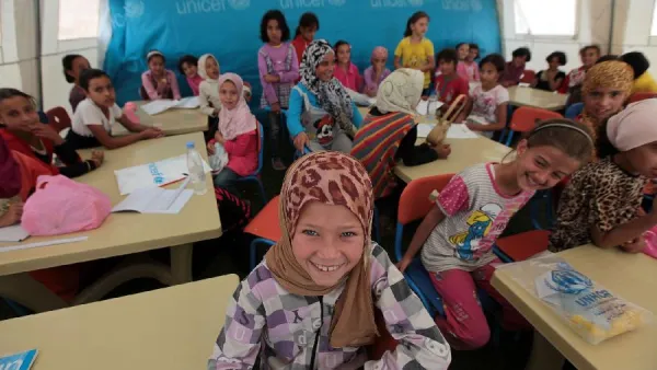 The Bahrain Academic Complex was the first school in the Zaatari refugee camp and houses 16 classrooms and one nursery. (Xinhua/Mohammad Abu Ghosh)