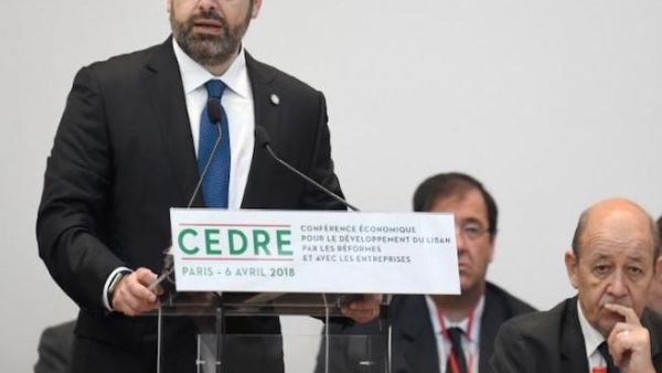 Lebanese Prime Minister Saad Hariri speaks at the CEDRE conference in Paris on April 6, 2018. (Eric FEFERBERG / AFP)