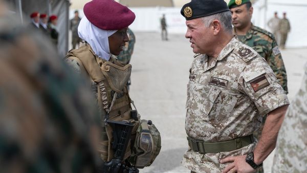  King Abdullah II, the Supreme Commander of the Jordan Armed Forces-Arab Army, accompanied by Crown Prince Al Hussein bin Abdullah II, visits the JAF Music Band headquarters ahead of International Women’s Day and is briefed on the achievements of women in JAF (Twitter)