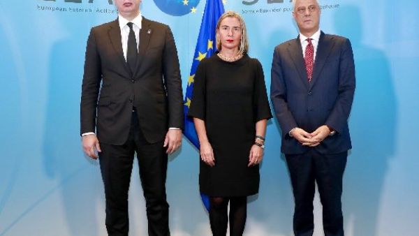 Aleksandar Vucic's remarks followed his meeting with EU foreign policy chief Federica Mogherini together with Kosovo President Hashim Thaci in Brussels (Twitter)