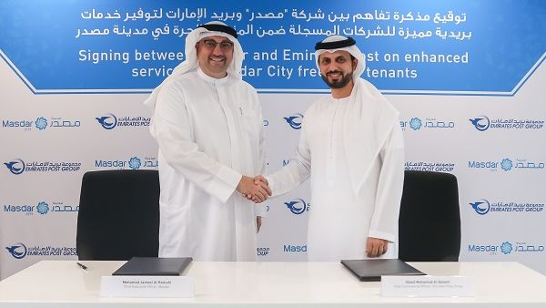 Mohamed Jameel Al Ramahi, Masdar’s Chief Executive Officer, and Obaid Mohammad Al Qatami, Acting Chief Commercial Officer at Emirates Post Group, signed the agreement.