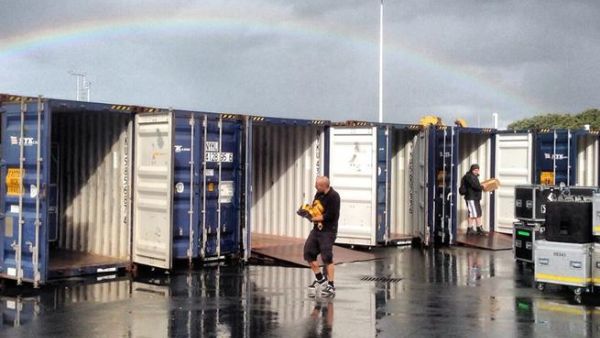 Underneath a gorgeous rainbow, the crew loaded 40 containers for the long haul to Dubai. (Image: Facebook)