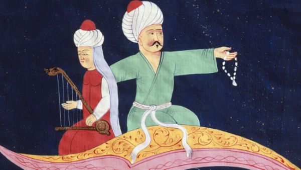 Detail from "Flying Over Istanbul and the Galata Tower on the Magic Carpet from the 1001 Nights, Turkish miniature, 19th C." (Rex)