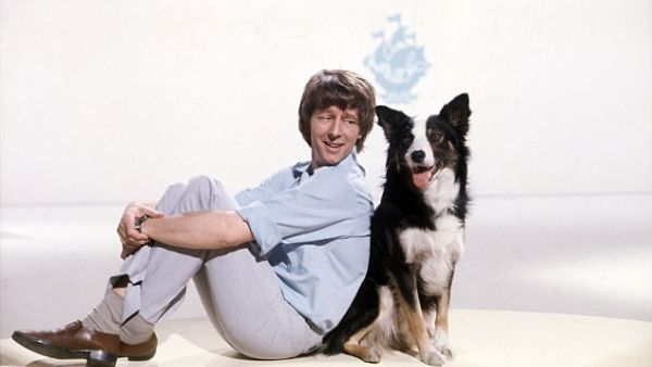 "Get down, Shep!": John Noakes, Blue Peter presenter, with beloved dog Shep.