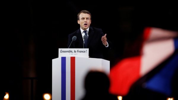 France's new president, Emmanuel Macron speaks on Sunday at the Louvre (Patrick Kovarik/AFP)