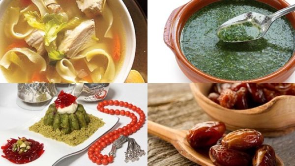 شوربة الدجاج بالجزر، الملوخية، ومفروكة بالفستق