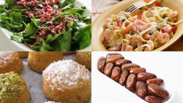 سلطة الجرجير، فيتوتشيني بالروبيان، كرات البسبوسة بالجوز