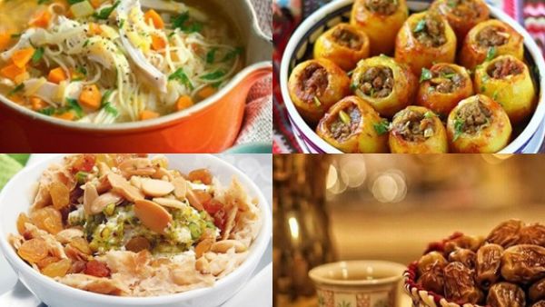 شوربة دجاج بالنودلز، محشي بطاطا وأم علي