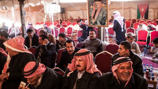 Local tribal leaders in southern Jordan waited for a campaign event to begin on Saturday. Parliamentary elections are being held on Wednesday. (Bryan Denton for The New York Times)