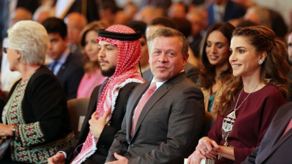 Jordan's Princess Muna, Crown Prince Hussein, King Abdullah II and Queen Rania attend a ceremony held in Amman on May 25, 2016, to mark the desert kingdom's 70th Independence Day. (AFP/Khalil Mazraawi)