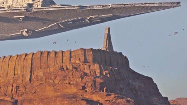 Jordan's Wadi Rum desert looks a little different with an Empire spaceship hovering above the mountains. (Lucasfilm)
