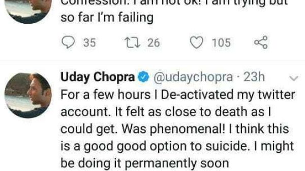 Bollywood actor Uday Chopra seems to have created quite a stir after posting two very depressing tweets on his official account (Twitter)