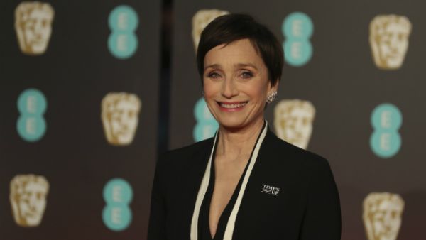 Kristin Scott Thomas, 57, wore a long monochrome Christian Dior number and wore a Time's Up badge in a bid to show her support. (Source: DANIEL_LEAL-OLIVAS - AFP)