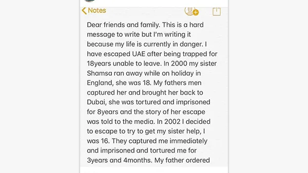 A screenshot of what appears to be Sheikha Latifa's last message, posted to her Instagram. Provided to Al Bawaba by Detained in Dubai. 