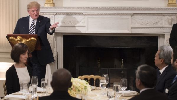 US President Donald Trump speaks during an Iftar hosted at the White House in Washington, DC, on June 6, 2018. (AFP)