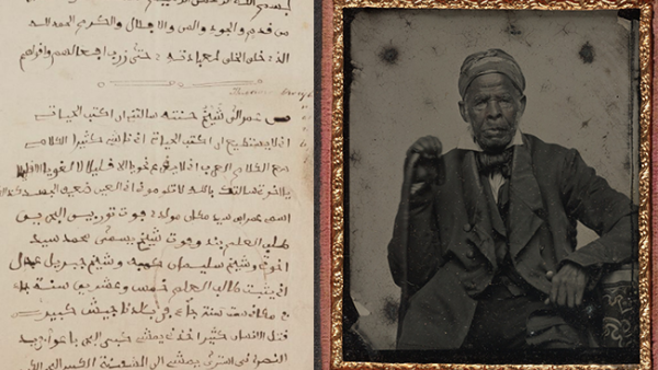((Left)One of Omar ibn Said's memoir acquired by the Library of Congress/(Right) Formal portrait of Omar ibn Said (http://beinecke.library.yale.edu/))