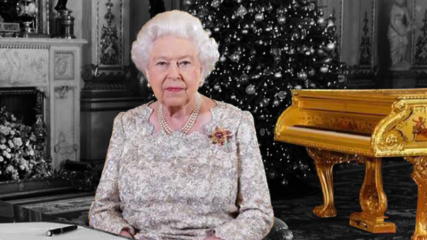 Queen Elizabeth during her Christmas annual speech with the controversial gold piano behind her. (AlBawaba)