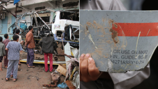 Photos were shared on social media. On the right, the destruction caused by the Saudi-led coalition bombs that targeted a school bus in Yemen killing dozens of children. On the left, the bomb that was used in the attack. It was sold to Saudi Arabia from the US. (Social Media)