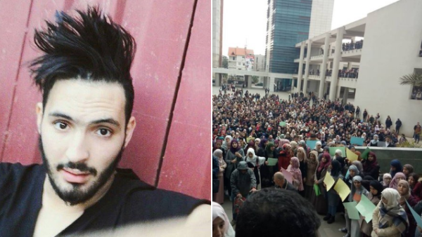 (Left) Assil Belalta photo. (Right) Photos from marches organized by Assil's friends and colleagues in the university on Monday. (Twitter)