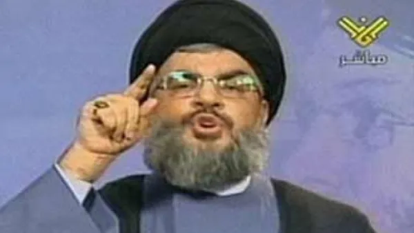 Hassan Nasrallah is seen during a broadcast on Hezbollah's al-Manar channel. (File photo)