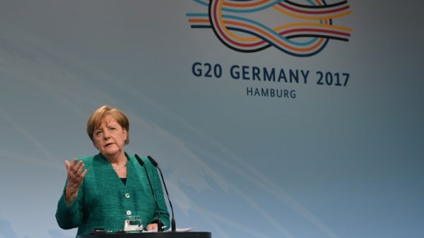German Chancellor Angela Merkel speaks during the final press conference on the second day of the G20 Summit in Hamburg, Germany, July 8, 2017 (Patrik Stollarz/AFP)