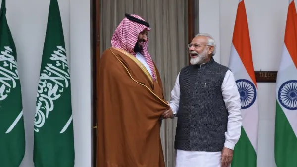 Indian Prime Minister Narendra Modi (R) shakes hands with Saudi Crown Prince Mohammed bin Salman prior to a meeting at Hyderabad House in New Delhi on February 20, 2019. (AFP)