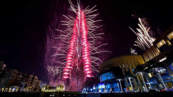 Fireworks explode from the Burj Khalifa, the world's tallest tower, in Dubai. (AFP)