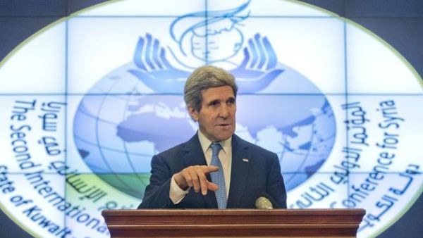 US Secretary of State John Kerry speaks during a news conference on the sidelines of the Second International Humanitarian Pledging Conference for Syria, at the Bayan Palace in Kuwait City, on January 15, 2014. [AFP]