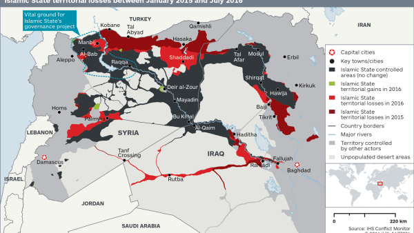 Map produced by IHS shows Daesh territorial losses between January 2015 and July 2016. (IHS)
