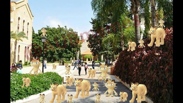 This image depicts the American University of Beirut’s campus crawling with the cat Meowth Pokémon. (Twitter/aubmemes).