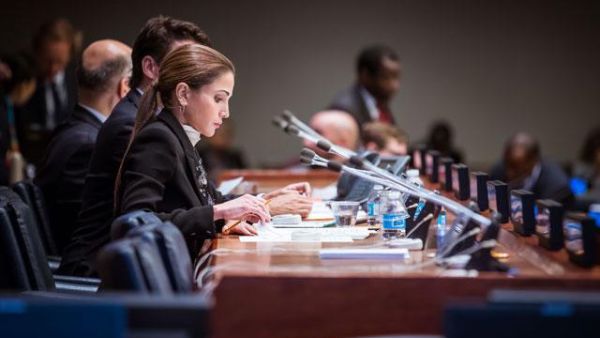 Her Majesty Queen Rania participates in a roundtable on international action at the UN Summit on Refugees and Migrants in New York on Monday. (Photo courtesy of Royal Court)