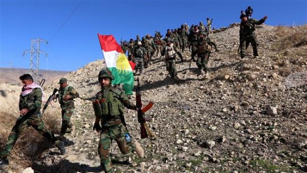 Iraqi Kurdish Peshmerga forces and fighters from the Yezidi community hold a Kurdish flag. (AFP/File)