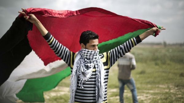 A protester waves a Palestinian flag towards the Israeli border fence during a protest marking Land Day at the border between Israel and Gaza Strip on March 30, 2014. (AFP/File)